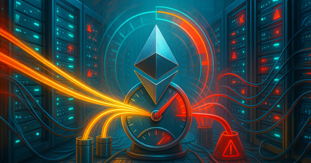 A brightly lit server room frames a large Ethereum emblem atop a pressure gauge pinned into the red as warm gold inflow streams meet red-orange outflow lines beside validator racks flashing teal and red alarms.