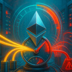 A brightly lit server room frames a large Ethereum emblem atop a pressure gauge pinned into the red as warm gold inflow streams meet red-orange outflow lines beside validator racks flashing teal and red alarms.