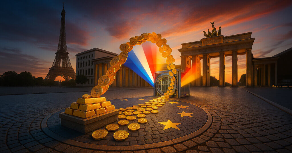 A sweeping, low-angle cinematic scene shows a gleaming arc of Bitcoin coins flowing from stacked gold bars across a cobbled European plaza into a futuristic glass vault, flanked by the Eiffel Tower and Brandenburg Gate with vivid French and German flag lights against a bright sunrise sky.