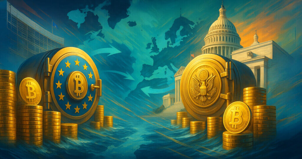An expansive Atlantic map divides gleaming EU and US vaults overflowing with Bitcoin stacks, with dynamic arrows suggesting a bright, accelerating reserve race between the blocs.