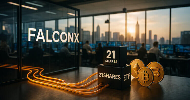 A photorealistic office scene shows the FalconX logo on a glass wall connected by glowing cables to 21Shares cubes and gold crypto coins, symbolizing their merger amid a vibrant sunset over a modern trading floor.