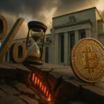 a gleaming Bitcoin beside a bronze percent symbol and an hourglass on cracked marble before the Federal Reserve building, glowing red candlesticks descending into a fissure under stormy golden-hour light.