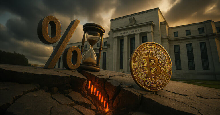 a gleaming Bitcoin beside a bronze percent symbol and an hourglass on cracked marble before the Federal Reserve building, glowing red candlesticks descending into a fissure under stormy golden-hour light.