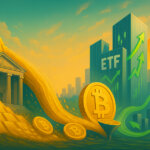 gold bars and a central-bank facade pouring molten coins toward ETF towers at sunset, with the large diagonal green arrow removed to leave a clean sky.