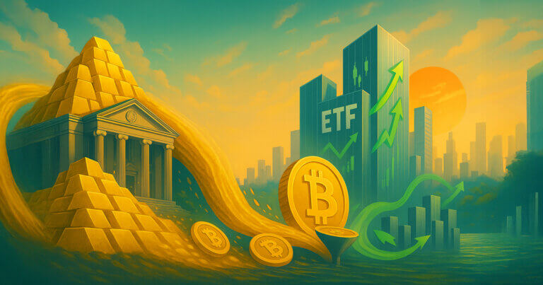 gold bars and a central-bank facade pouring molten coins toward ETF towers at sunset, with the large diagonal green arrow removed to leave a clean sky.