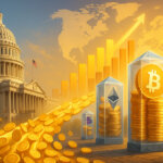 Daylight view of the U.S. Capitol with caution barriers sends a torrent of glowing coins toward glass vaults bearing Bitcoin, Ethereum, Solana, and XRP logos, with rising bars hinting at record inflows.