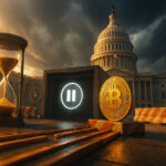 A vivid Capitol scene contrasts a glowing hourglass and Bitcoin with a bright pause symbol and barricades, suggesting a government shutdown testing crypto’s resilience.