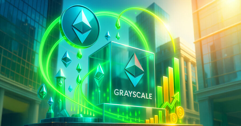 A sunlit financial plaza features a glass Grayscale monument with the logo as emerald staking streams arc from Ethereum symbols into rising yield bars and coin payouts.