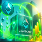 A sunlit financial plaza features a glass Grayscale monument with the logo as emerald staking streams arc from Ethereum symbols into rising yield bars and coin payouts.