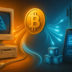 Cinematic split-scene with a vintage AOL dial-up setup fading into fiber-optic lines that converge on a bright Bitcoin emblem and flow onward to a modern smartphone and stablecoin/ETF icons, symbolizing access layers evolving while the network endures.