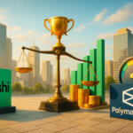 Daylight, photorealistic plaza scene shows matte Kalshi and Polymarket logos on opposing pedestals beside a tilted balance scale, rising green bars, and a valuation gauge to suggest Kalshi’s $5B milestone turning up competitive pressure.