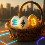 A golden-hour rooftop close-up shows a wicker basket tagged with the MetaMask fox holding three luminous crypto eggs—Solana’s teal-to-purple gradient, Ethereum’s black crystal emblem, and a glowing Bitcoin—while amber, cyan, and violet light rails sweep toward the basket.