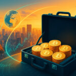 Cinematic Tokyo skyline at golden hour with Tokyo Tower as teal global capital arcs flow into an open briefcase brimming with Bitcoin coins, symbolizing Metaplanet’s overseas raise for a BTC treasury spree.