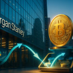 Golden-hour exterior of Morgan Stanley’s glass tower with teal allocation streams flowing into a gleaming Bitcoin atop a portfolio dial, suggesting institutional support for BTC.