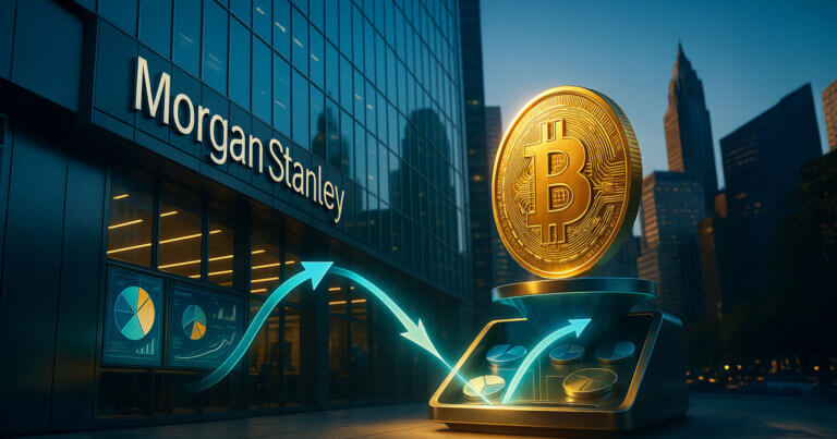 Golden-hour exterior of Morgan Stanley’s glass tower with teal allocation streams flowing into a gleaming Bitcoin atop a portfolio dial, suggesting institutional support for BTC.