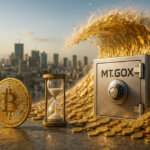 Hyper-realistic 16:9 image of a sunlit Tokyo skyline where a stainless steel safe engraved “MT.GOX” is battered by a golden wave of coins, with a detailed Bitcoin and nearly empty hourglass in the foreground.