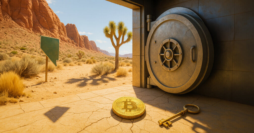 an ajar vault door opening from a cool server room into a bright Nevada desert with red rock cliffs, a Joshua tree, a Nevada-shaped sign, a gleaming Bitcoin coin on cracked stone, and an antique brass key casting a sharp shadow in the sun.