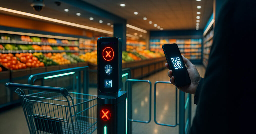 A brightly lit supermarket entrance shows glass turnstiles and a glowing biometric scanner blocking a shopping cart while a cropped hand raises a phone with a QR code, with abundant food visible just beyond.