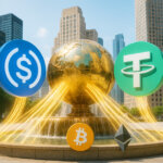 city plaza at midday shows giant USDC and USDT tokens streaming golden payment flows into a gleaming globe fountain as Bitcoin and Ethereum emblems sit at the base, symbolizing stablecoins deepening crypto liquidity.