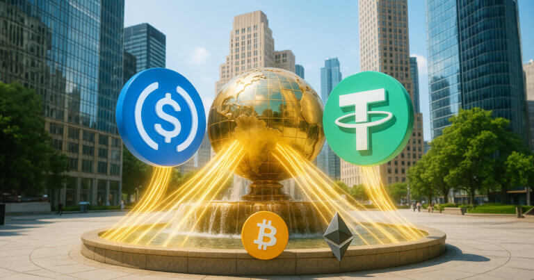 city plaza at midday shows giant USDC and USDT tokens streaming golden payment flows into a gleaming globe fountain as Bitcoin and Ethereum emblems sit at the base, symbolizing stablecoins deepening crypto liquidity.