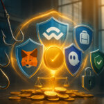 MetaMask, WalletConnect, Backpack, and Phantom shields locking into a glowing ring that repels chrome phishing hooks around a golden coin in a glass-walled security lab.