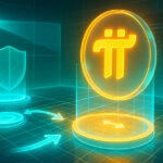 Glowing Pi Network coin hovers above a holographic testnet grid as teal liquidity pools and swap arcs connect to a shielded console, symbolizing DEX and AMM features in a bright, cinematic style.
