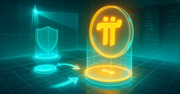 Glowing Pi Network coin hovers above a holographic testnet grid as teal liquidity pools and swap arcs connect to a shielded console, symbolizing DEX and AMM features in a bright, cinematic style.