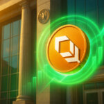 A sunlit federal building façade frames a glowing orange Plume-logo token encircled by emerald growth charts and a seal icon, evoking SEC approval and a 30% surge.