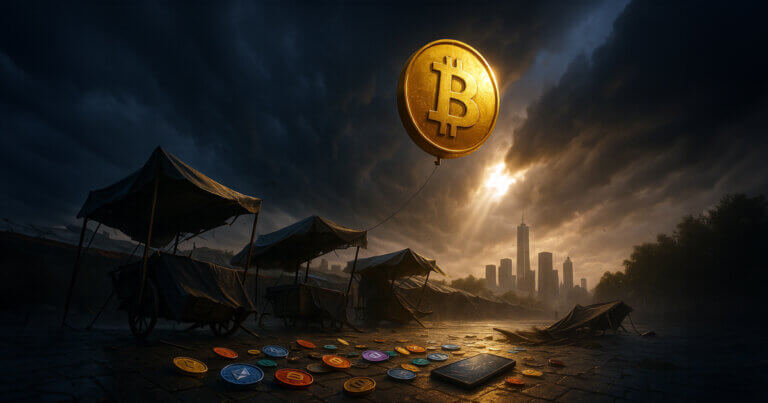 cityscape shows stormy clouds splitting to reveal a golden sunbeam illuminating a soaring Bitcoin balloon while overturned outdoor market stalls, scattered colorful altcoin tokens, and a rain-slick phone lie in the foreground, emphasizing missed opportunity.