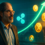 Photorealistic three-quarter portrait of David Schwartz beside a glowing teal Ripple symbol and rising XRP coins against a warm city sunset, conveying resilient bullish momentum.