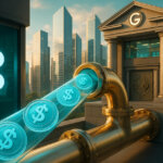 glowing blue RLUSD coins streaming through a polished golden pipeline from a Ripple-branded server room into a grand GTreasury-style corporate treasury building against a bright teal-and-gold city skyline