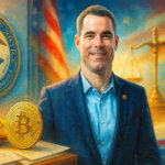 Roger Ver stands in bright, cinematic light before a blurred DOJ seal, golden Bitcoin coins, and balanced scales, evoking a high-stakes settlement atmosphere.