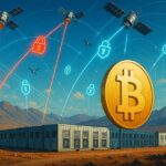 a remote Bitcoin mining farm with satellite dishes under a blue sky as satellites beam mixed red “unlocked” and blue “locked” data streams toward a large BTC emblem, symbolizing how unencrypted traffic could expose miners.
