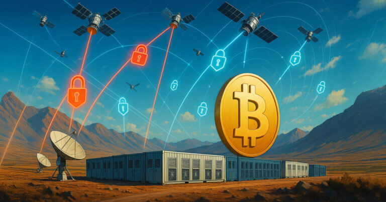a remote Bitcoin mining farm with satellite dishes under a blue sky as satellites beam mixed red “unlocked” and blue “locked” data streams toward a large BTC emblem, symbolizing how unencrypted traffic could expose miners.