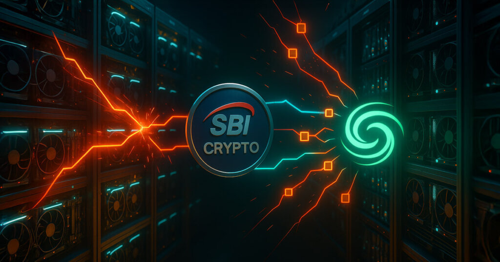 mining-farm corridor with neon-lit racks as an SBI Crypto badge is struck by red breach streams that route through glowing nodes into a bright green Tornado Cash swirl.