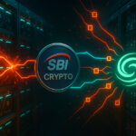 mining-farm corridor with neon-lit racks as an SBI Crypto badge is struck by red breach streams that route through glowing nodes into a bright green Tornado Cash swirl.