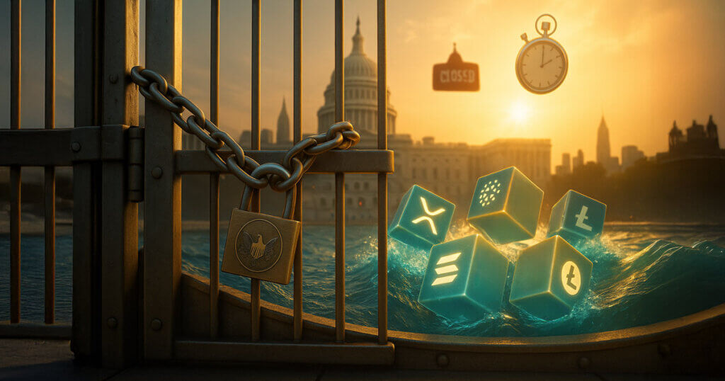 Cinematic view of a chained steel floodgate with an SEC eagle padlock holding back a teal surge of altcoin-logo cubes before the Capitol at sunset, symbolizing shutdown-stalled ETF approvals.Cinematic view of a chained steel floodgate with an SEC eagle padlock holding back a teal surge of altcoin-logo cubes before the Capitol at sunset, symbolizing shutdown-stalled ETF approvals.