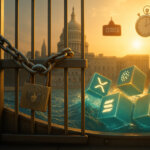 Cinematic view of a chained steel floodgate with an SEC eagle padlock holding back a teal surge of altcoin-logo cubes before the Capitol at sunset, symbolizing shutdown-stalled ETF approvals.Cinematic view of a chained steel floodgate with an SEC eagle padlock holding back a teal surge of altcoin-logo cubes before the Capitol at sunset, symbolizing shutdown-stalled ETF approvals.