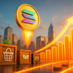 a luminous Solana coin rocketing upward beside glowing bar charts as wooden fund crates with staking and basket icons sit foreground, evoking ETF-fueled momentum toward higher price targets.