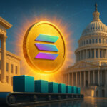 A bright 16:9 scene centers a glowing Solana coin between a neoclassical courthouse and the U.S. Capitol with teal ETF-like cubes on a conveyor under a networked sky, with all arrows and the calendar removed.