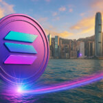 Photorealistic Solana coin in official teal-to-purple gradient hovers above Victoria Harbour with a glowing magenta-cyan light trail, set against Hong Kong’s bright skyline (IFC and Central) under a warm high-key sky.