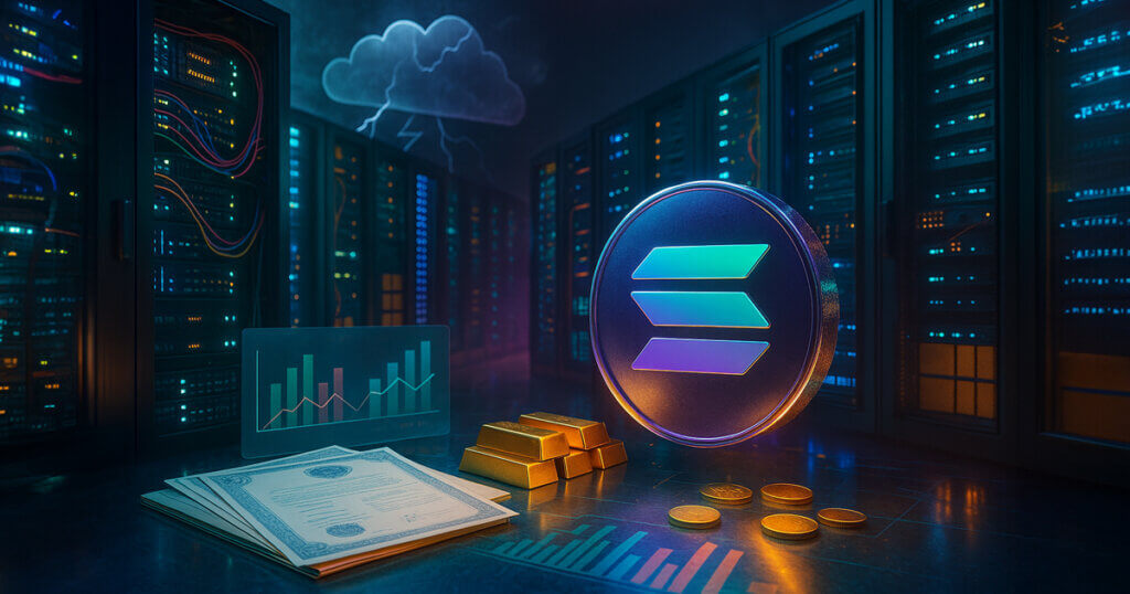 scene inside a high-end data center shows a glowing Solana logo coin in the foreground amid stacks of gold bars and document-like RWA certificates, while vibrant cables and diverse server racks hum under teal, magenta, and gold lighting, and a stylized storm cloud hinting at AWS sits harmlessly above as transaction particles stream smoothly across the floor.