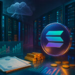 scene inside a high-end data center shows a glowing Solana logo coin in the foreground amid stacks of gold bars and document-like RWA certificates, while vibrant cables and diverse server racks hum under teal, magenta, and gold lighting, and a stylized storm cloud hinting at AWS sits harmlessly above as transaction particles stream smoothly across the floor.