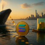 A golden-hour harbor scene shows a breaching whale splashing beside a wet pier where a luminous Solana coin stands as golden coins arc toward a softly glowing green fund cylinder floating nearby.
