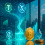 Photorealistic office skyline scene where luminous USDT, USDC, and DAI medallions pour glowing liquidity into a central pool that feeds gleaming BTC and ETH symbols amid rising market screens.