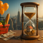 A cinematic 16:9 still-life: on a sunlit rooftop table, a glass-and-wood hourglass brimming with coins frames a tiny house, gold bar, and Bitcoin token while a red grocery basket, orange balloons, scattered banknotes, and a blurred skyline with an uptrending chart board hint at inflation versus owning assets.