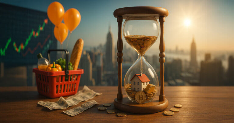 A cinematic 16:9 still-life: on a sunlit rooftop table, a glass-and-wood hourglass brimming with coins frames a tiny house, gold bar, and Bitcoin token while a red grocery basket, orange balloons, scattered banknotes, and a blurred skyline with an uptrending chart board hint at inflation versus owning assets.