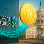 Bright, photorealistic composite of Standard Chartered’s glass HQ flowing luminous teal streams into a rising golden Bitcoin set against the sunlit U.S. Capitol, hinting at ETF inflows and shutdown tailwinds.