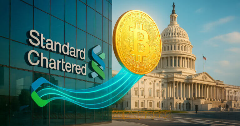 Bright, photorealistic composite of Standard Chartered’s glass HQ flowing luminous teal streams into a rising golden Bitcoin set against the sunlit U.S. Capitol, hinting at ETF inflows and shutdown tailwinds.