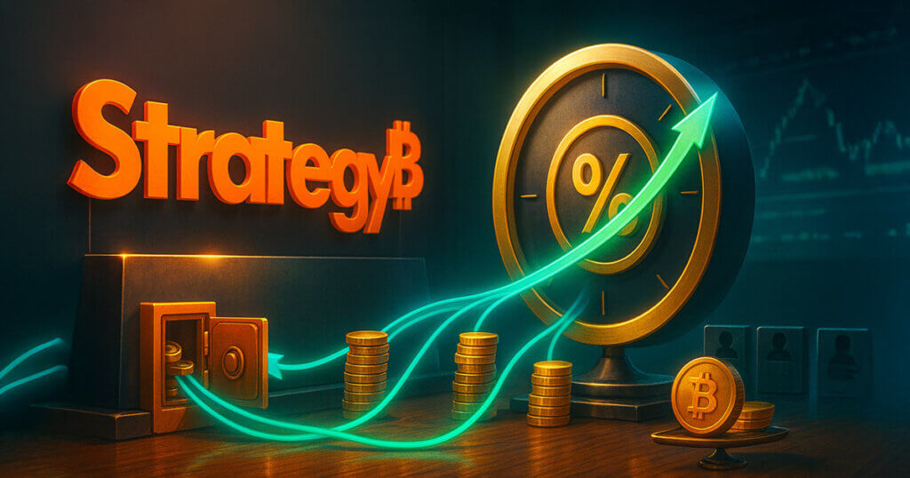 Cinematic desk scene with the orange Strategy logo beside a golden % yield dial as teal flows stream from a vault into rising coin stacks and a Bitcoin balance plate to symbolize a richer dividend.